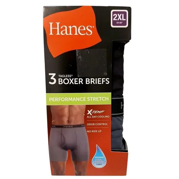 Hanes 3 Pc Boxer Briefs‎ X-Temp Comfort Stretch 2XL Black Gray Cool Odor Control