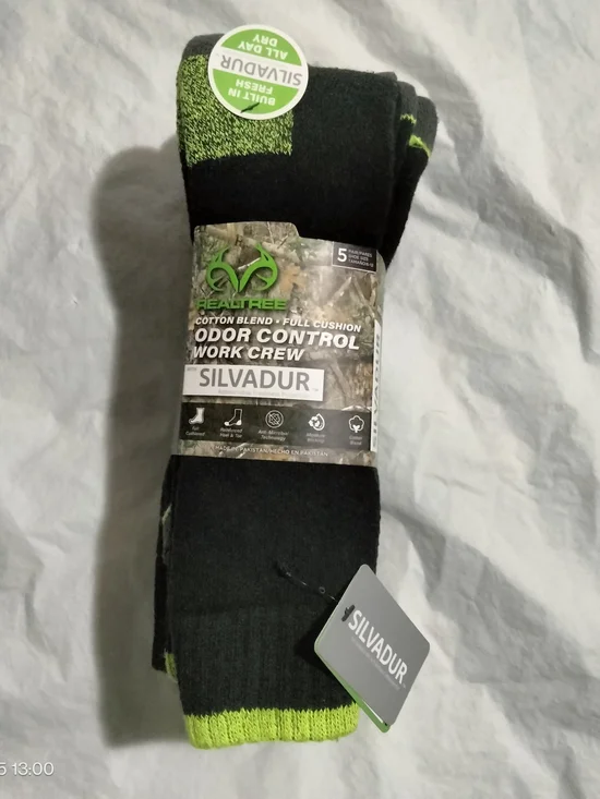 Realtree Men’s 5 Pair Work Crew Socks Odor Control Silvadur Cushion Size 6-12