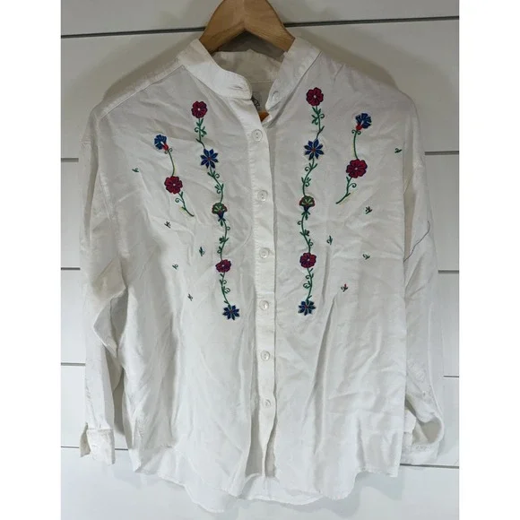 Vintage Embroidered Button Down Up L Women's White Shirt Solutions Original