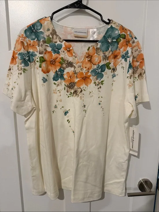NWT Alfred Dunner Cream V-Neck Top with Orange and Teal Floral Print