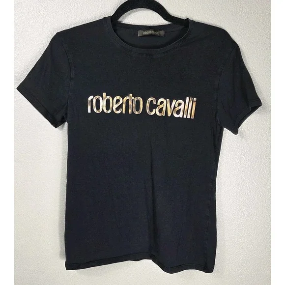 Roberto Cavalli Logo T Shirt Women's L Black Stretch Cotton Graphic Tee Italy