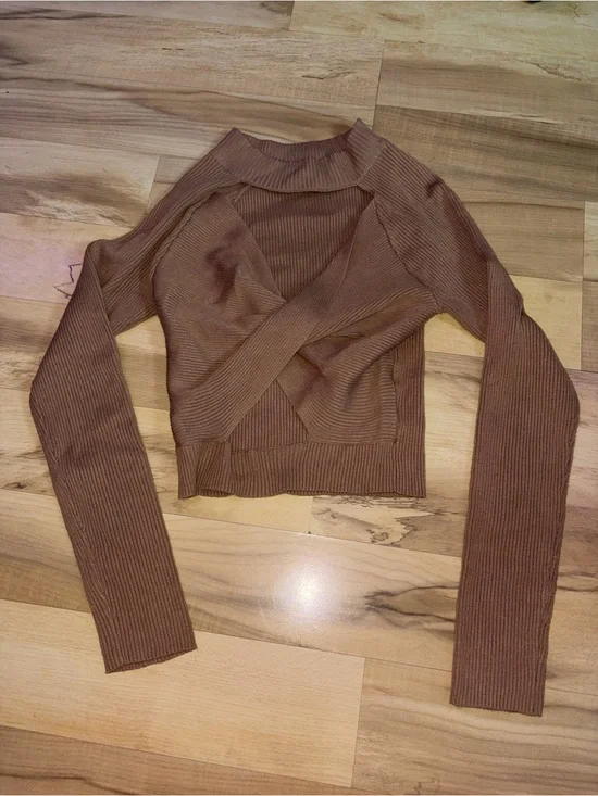 Almost Famous Brown Ribbed Wrap Long Sleeve Top