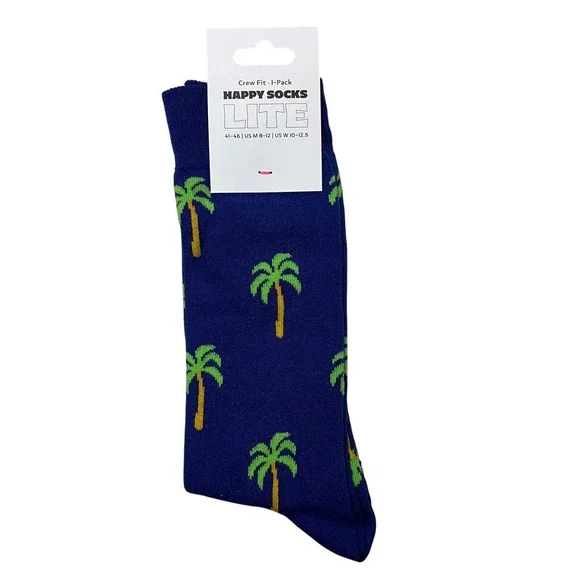 Happy Socks Crew Socks Unisex M 8-12 W 10-12.5 Blue Palm‎ Tree Lite Novelty