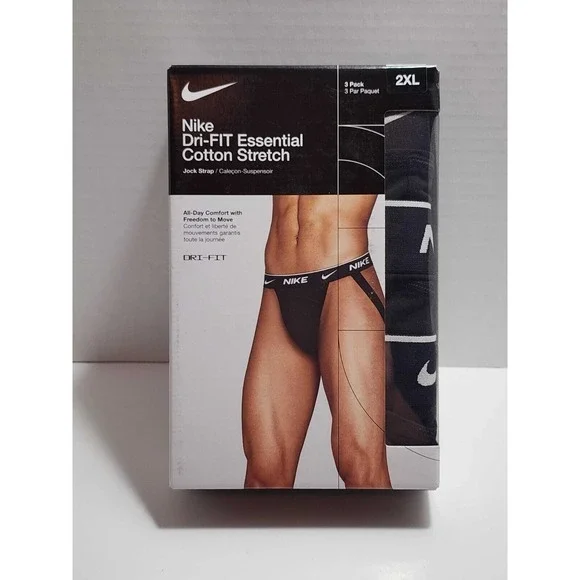 Nike Dri-FIT Essential Cotton Stretch Jock Strap Pack of 3 Men 2XL XXL Black NEW