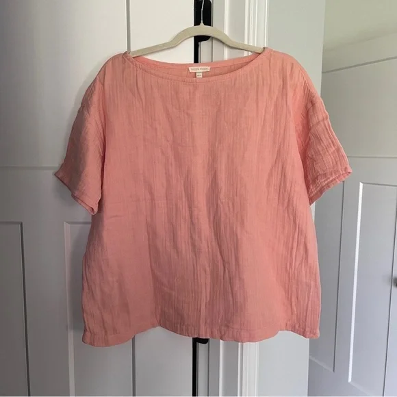 Eileen Fisher Peach Short Sleeve‎ Cotton Gauzy Top