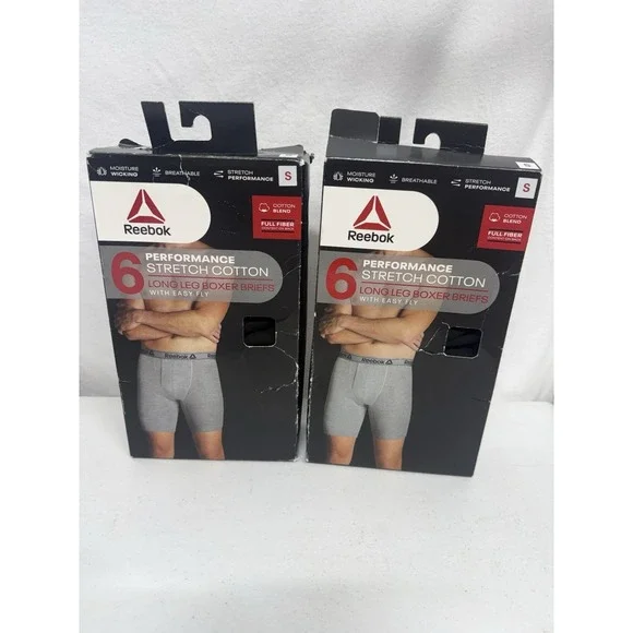 Lot Of 2 -6 Packs Reebok Cotton Long Leg Boxer Briefs w/Easy Fly Black Small