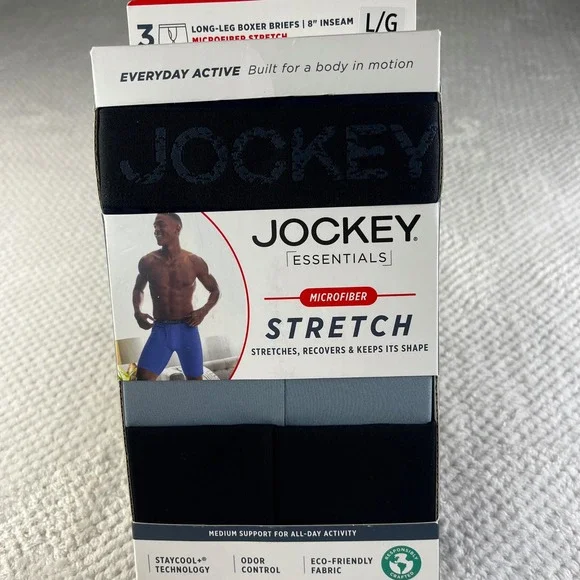 Jockey Essentials Mens 3 Pack Microfiber Stretch‎ Long Leg Boxer Briefs 8in