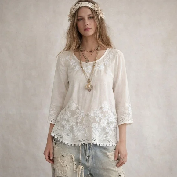 Anthropologie Maeve Cream Silk Embroidered Lace Women's Boho Feminine Fairy Top