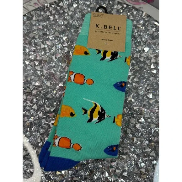 K. Bell socks Men's Fish Pattern Crew Socks - Teal