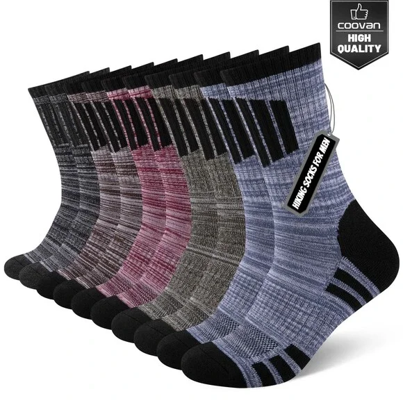 COOVAN Men's Hiking Crew Socks 5 Pairs Moisture Wicking Cushioned ONE SZ