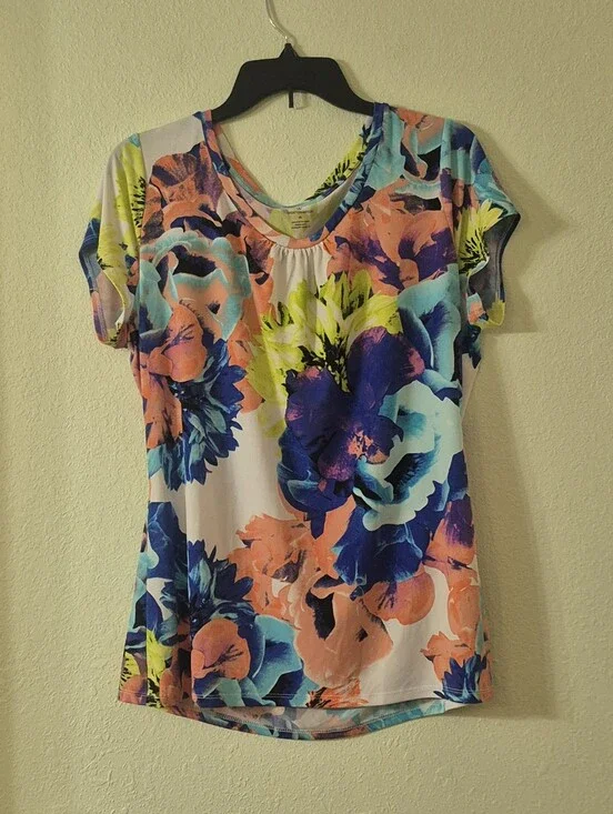 Worthington White Floral Short Sleeve Tee with Blue, Coral & Neon Yellow