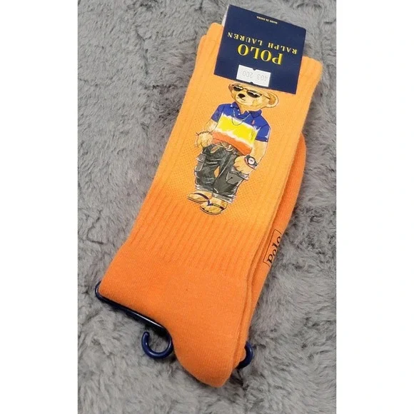 Polo Ralph Lauren Socks Mens 10-13 Orange Summer Beach Shop Bear Crew Mid Calf