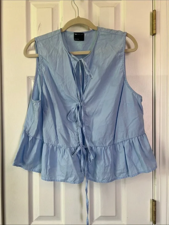 ASOS Light Blue Sleeveless Tie-Front Ruffle Peplum Top