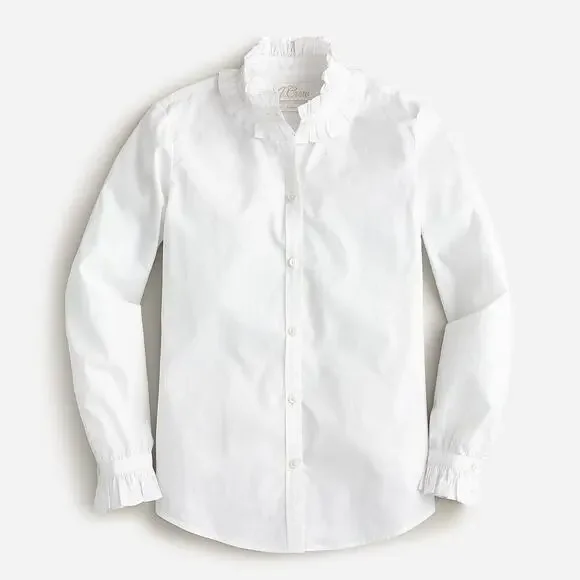 J. Crew Cotton Long Sleeve Classic-Fit Ruffle Neck Shirt White Women's Size 2