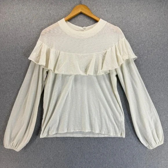 Nation LTD Ivory Cream Ruffle Top Long‎ Sleeve Button Back Blouse Size Large