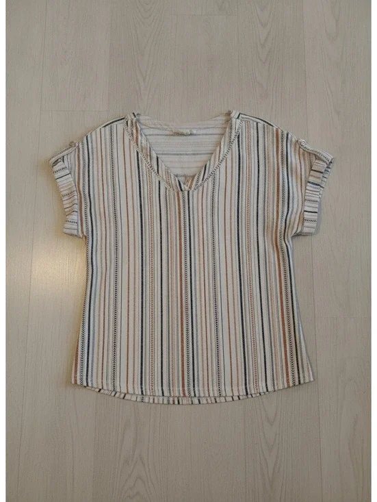 Flower & Feather Women's XL Striped V-Neck Short Sleeve Shirt