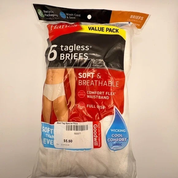 Hanes Mens Tagless Briefs 6 Pack White Cotton Comfort Flex Waistband 2252P6 L