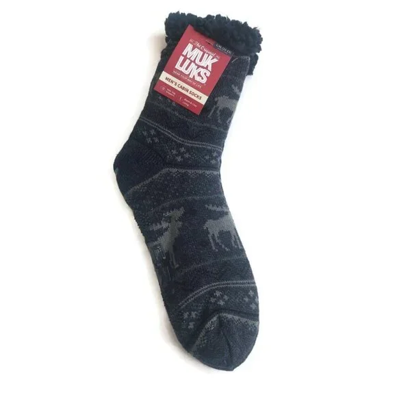 MUK LUKS Mens Cabin Socks L/XL Shoe Size 11/13 Blue Moose Multi Warm and Cozy RT