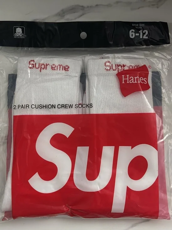 Hanes White Crew Socks with Red Branding - 2 Pair