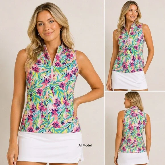 Stella Parker Golf Sleeveless Floral Quarter Zip Top Women XL Resort Performance