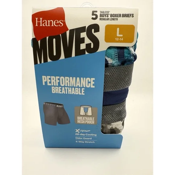 Hanes Boys Boxer Briefs 5 Pack Performance Breathable X-Temp Size L 12-14 New