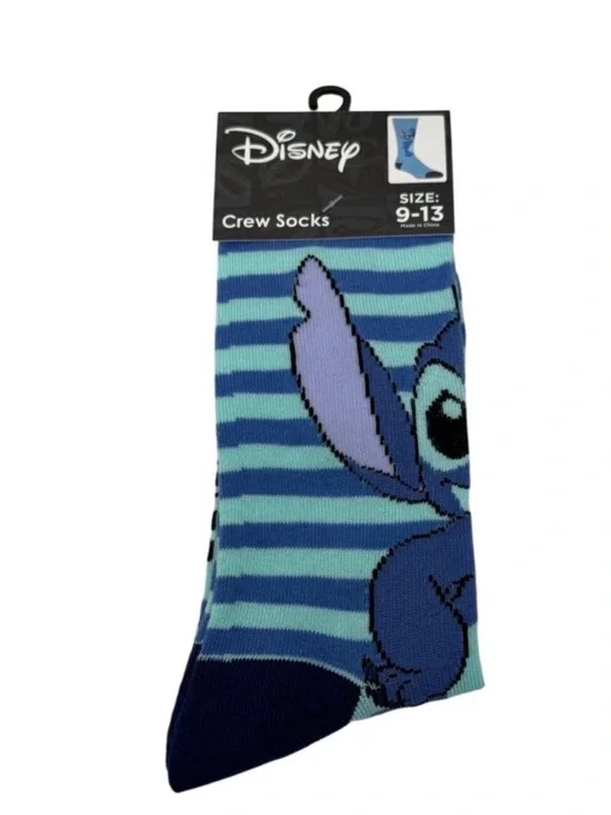 Disney Stitch Striped Crew Socks - Light Blue & Navy size 9-13