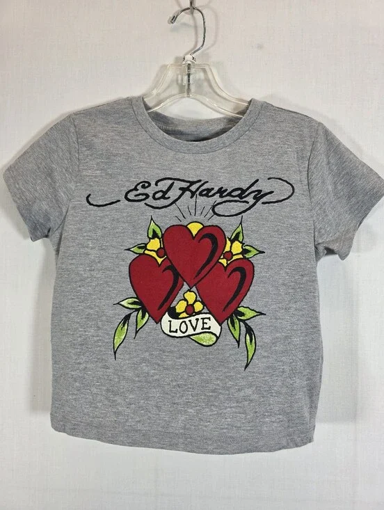 Ed Hardy Graphic Tee Medium Grey Tattoo Love Hearts Y2K Short Sleeve Shirt