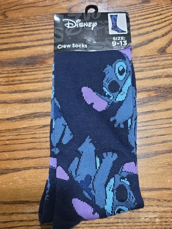 Disney Men’s Crew Socks - Navy, Light Blue & Purple Stitch Pattern