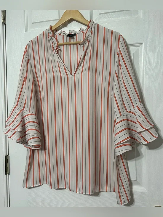Ann Taylor Factory Blouse Top Orange Cream Stripe 3/4 Ruffle Sleeves Women’s XL