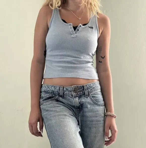 Vans Womens Waffle Henley Tank Top Light Blue Size XXS Snap Button Skater