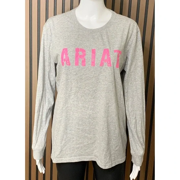 Ariat Women's Long Sleeve Graphic Tee Gray Pink Logo Cotton Western Top L