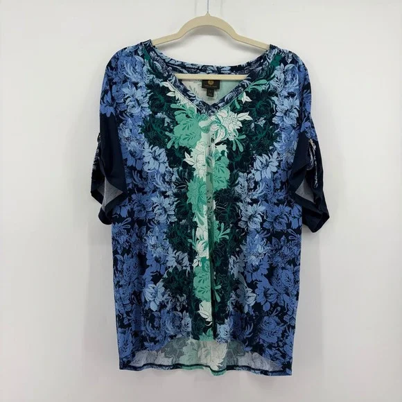 JM Collection Womens L‎ Blue Floral Mosaic Top Split Sleeve V-Neck Blouse NEW