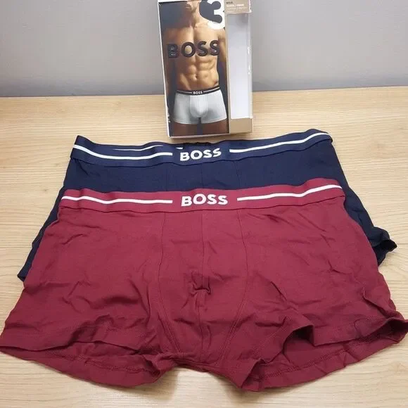 HUGO BOSS Boxer Briefs Mens Large Navy Blue Maroon Red 2-Pack BOLD Cotton