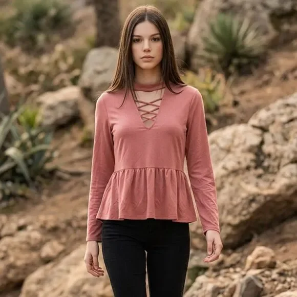 EUC The Line of Style Women's Pink Long Sleeve V Neck Babydoll Top Blouse - S