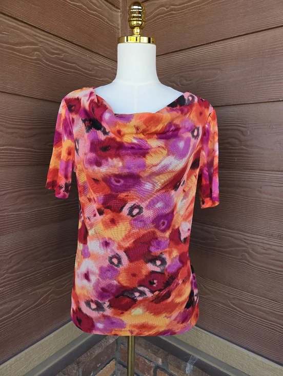 Ellen Tracy Stretch Colorful Mesh Floral Cowl Neck Women’s Top Size Medium NWOT
