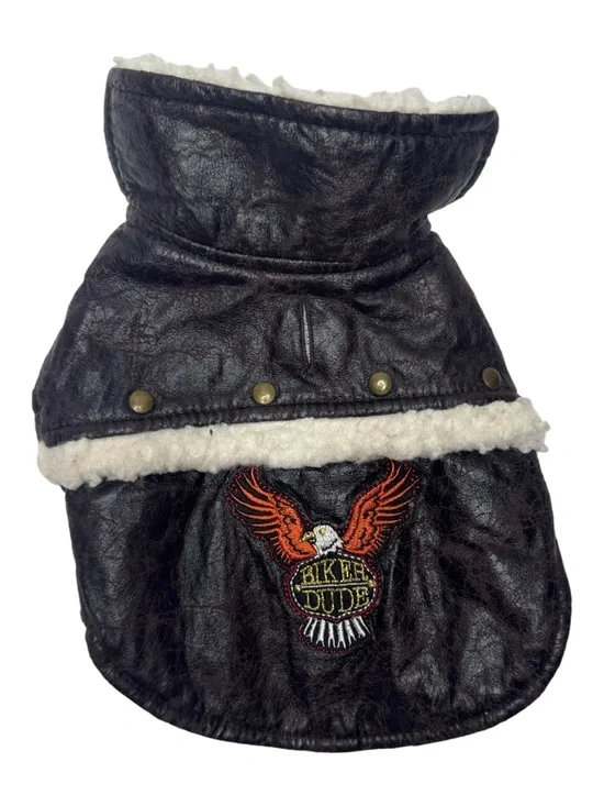 Handsome Pete Biker Dude Vegan Leather Dog Jacket with Shearling Trim. Size Sm