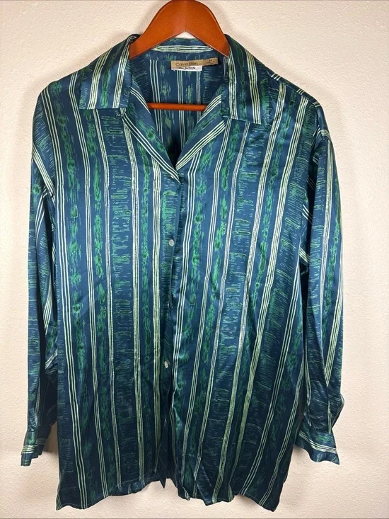 Calvin Klein Silk Button Up Blouse Green Stripes Quiet Luxury Oversized Medium