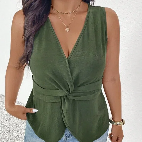 Green Casual Women's Plus Size Elegant Sleeveless Twist Knot Shirt Vest