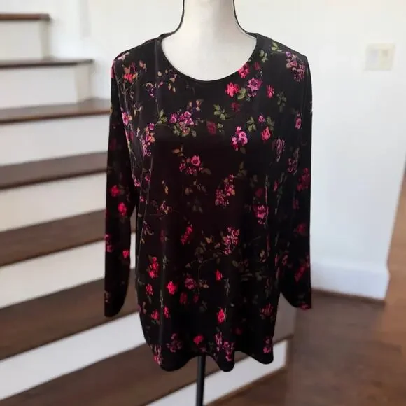 J.Jill Black Crushed Velvet Pink Floral Print Long Sleeve Crewneck T-Shirt
