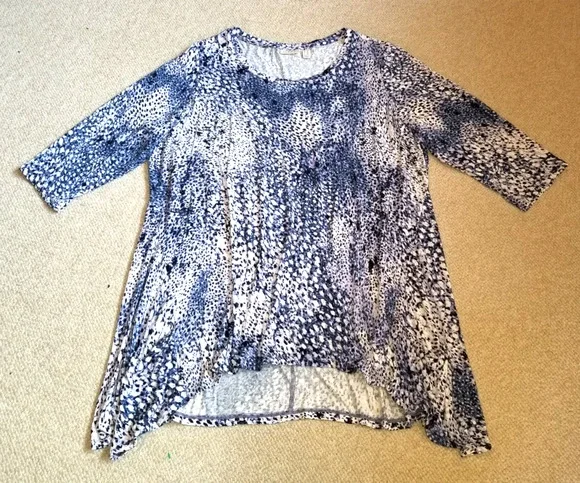 Womens Top-LOGO LORI GOLDSTEIN-purple/white/navy knit asymmetric BOHO 3/4 slv-2X