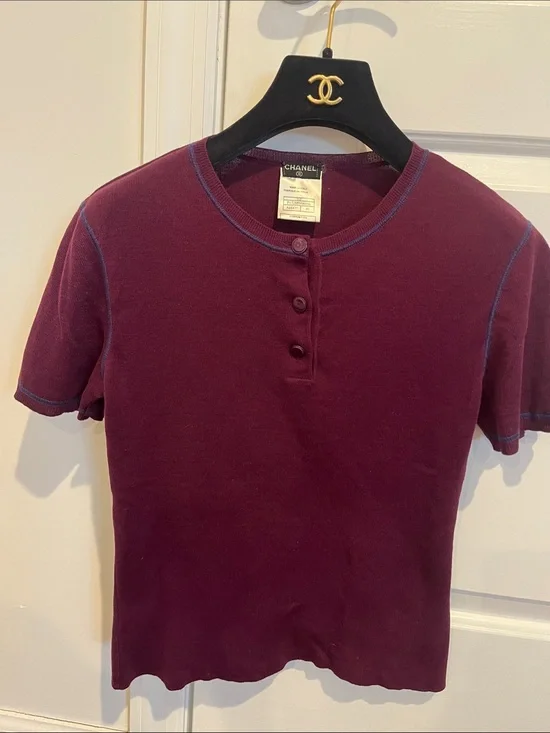 CHANEL Plum Short Sleeve Henley with Blue Contrast Stitching
