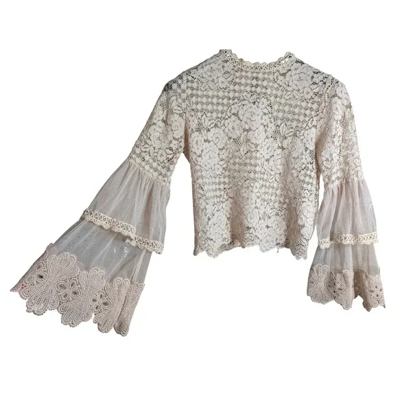 Boho Fairy Top S Bell Sleeve Floral Lace Mesh Sheer Hippie Festival Feminine