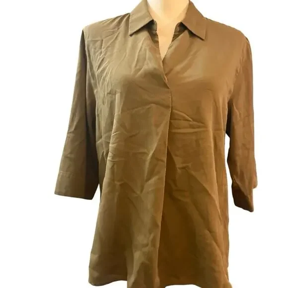Uniqlo Olive Green Rayon Blend Open Collar 3/4 Sleeve Blouse, Women's Large