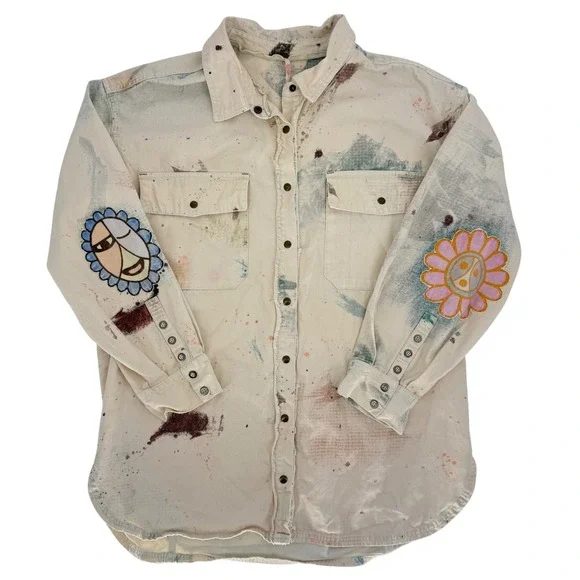 Free People Sunshine Field Boho Shirt Jacket Size L Cotton Cream Oversizsed