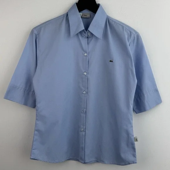 Lacoste Button Down Shirt Women's 40 Blue Oxford Short Sleeve Crocodile Logo
