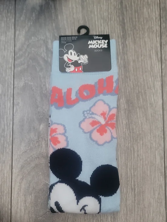Disney Mickey Mouse Light Blue Floral 'Aloha' Casual Crew Socks