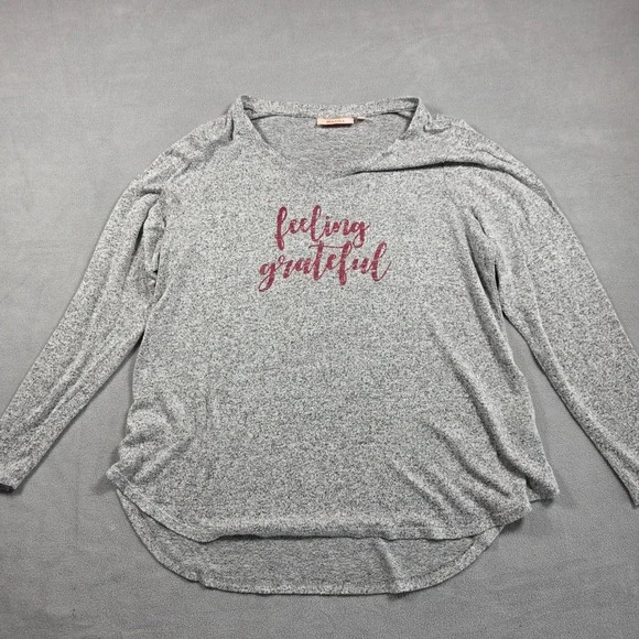 EVRI Top Women 0X Gray Graphic Pullover Heathered Knit Long Sleeve