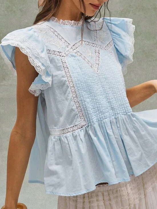 Blue Cottagecore Boho Women's Embroidered Ruffled Patchwork Blouse