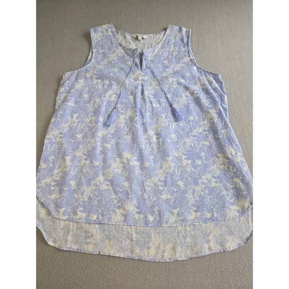 Company Ellen Tracy Tank Top Women XL Blue Floral 100% Linen Tassel High-Low
