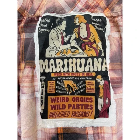 Vintage Marijuana Propaganda Flannel Bleach‎ Dye Upcycled Shirt Large